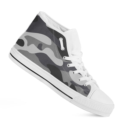 Grey And White Camouflage Print White High Top Sneakers