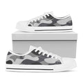 Grey And White Camouflage Print White Low Top Sneakers
