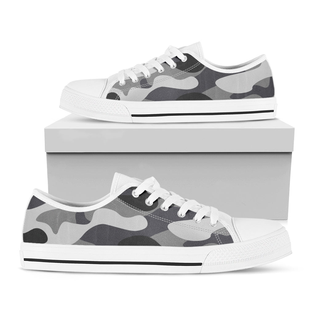 Grey And White Camouflage Print White Low Top Sneakers