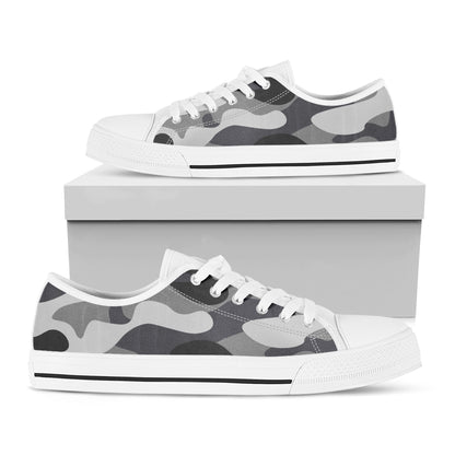 Grey And White Camouflage Print White Low Top Sneakers