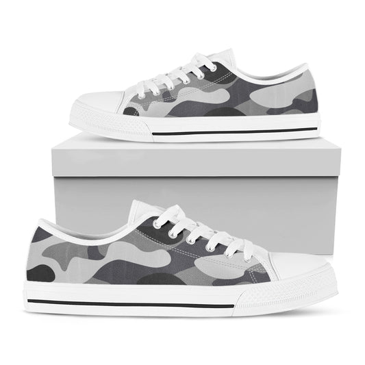 Grey And White Camouflage Print White Low Top Sneakers