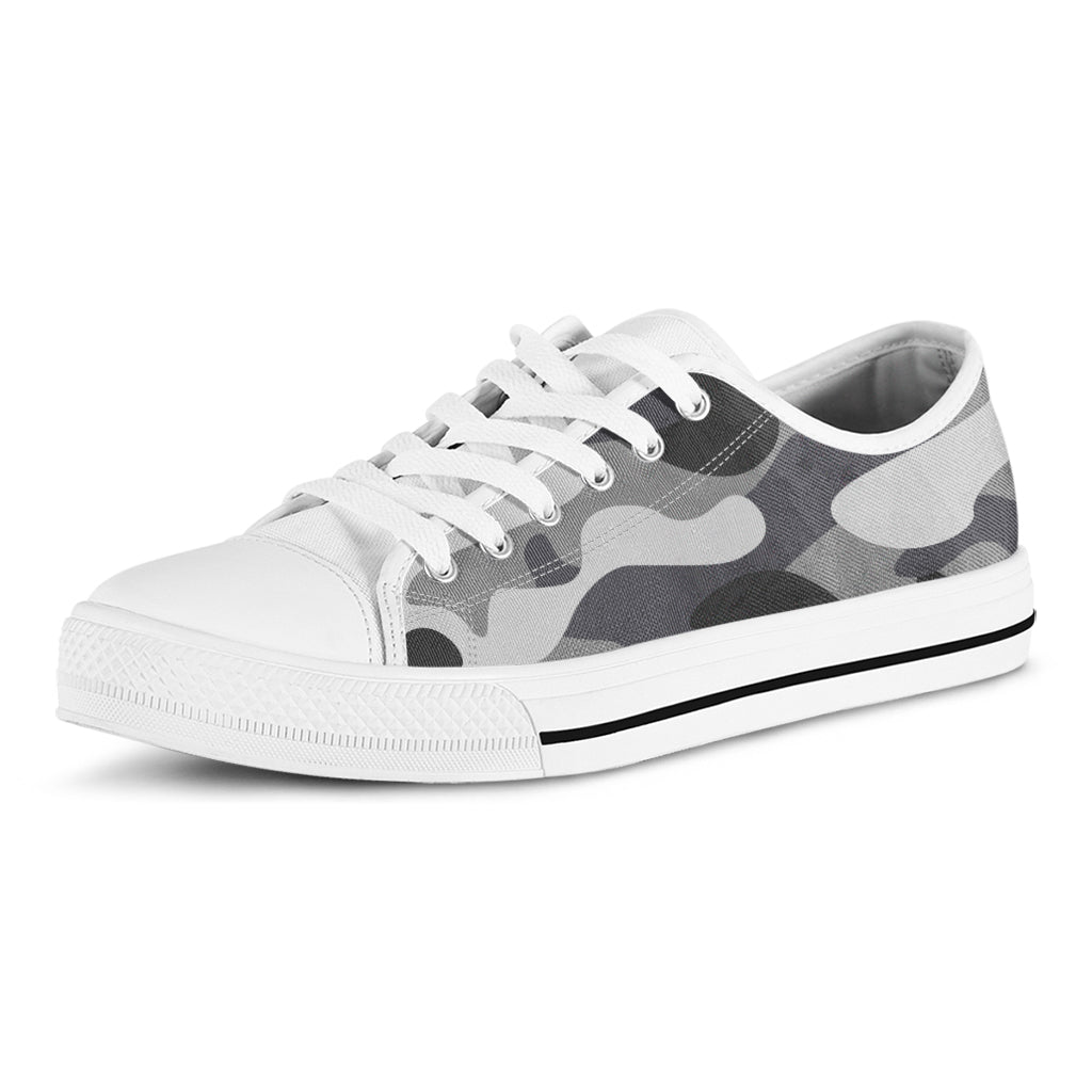 Grey And White Camouflage Print White Low Top Sneakers