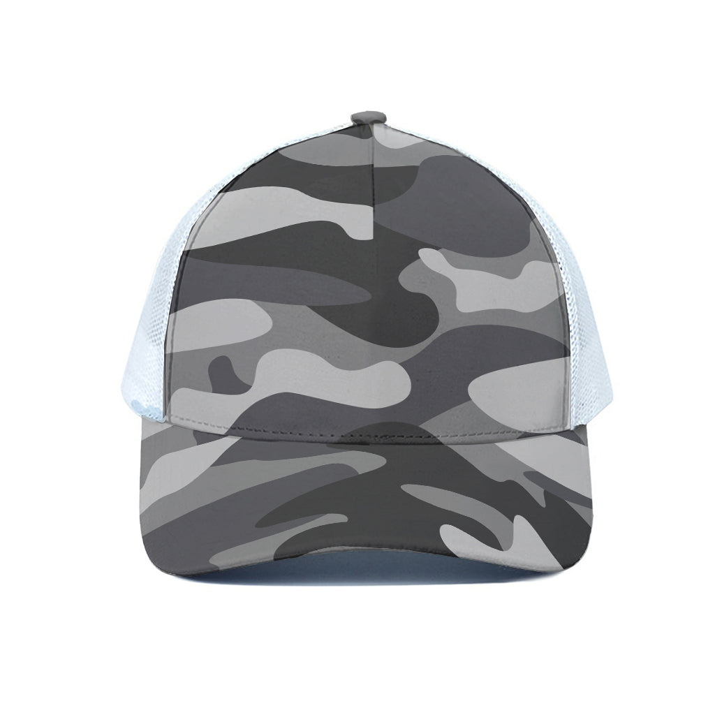 Grey And White Camouflage Print White Mesh Trucker Cap