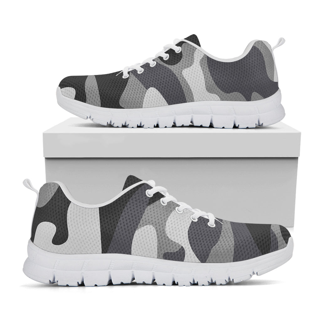Grey And White Camouflage Print White Running Shoes