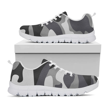 Grey And White Camouflage Print White Running Shoes