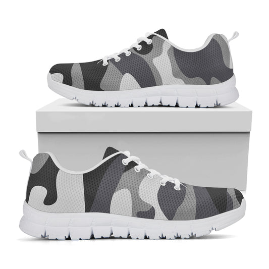 Grey And White Camouflage Print White Running Shoes