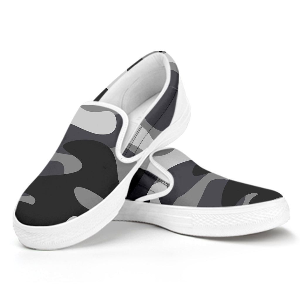 Grey And White Camouflage Print White Slip On Sneakers