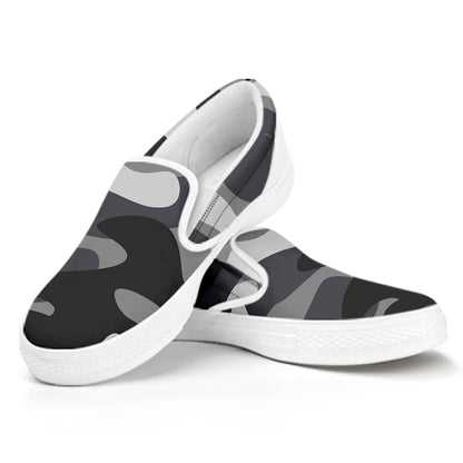 Grey And White Camouflage Print White Slip On Sneakers