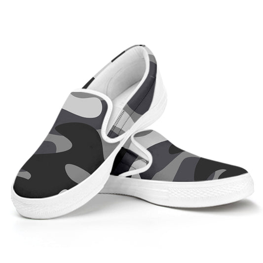 Grey And White Camouflage Print White Slip On Sneakers