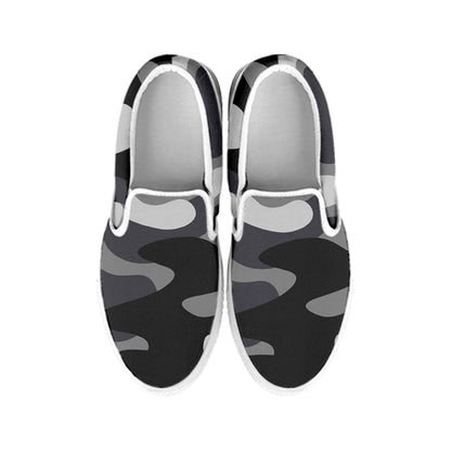 Grey And White Camouflage Print White Slip On Sneakers