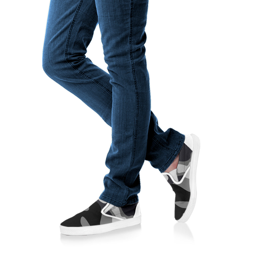 Grey And White Camouflage Print White Slip On Sneakers