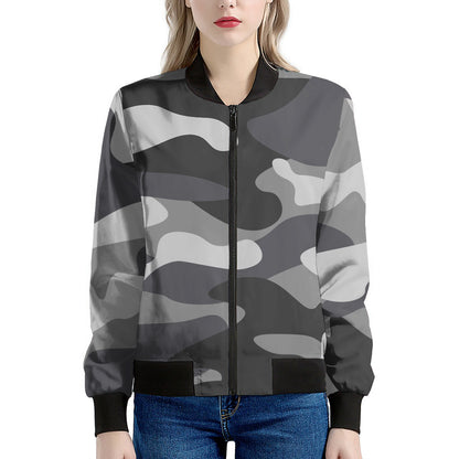 Grey And White Camouflage Print Women's Bomber Jacket