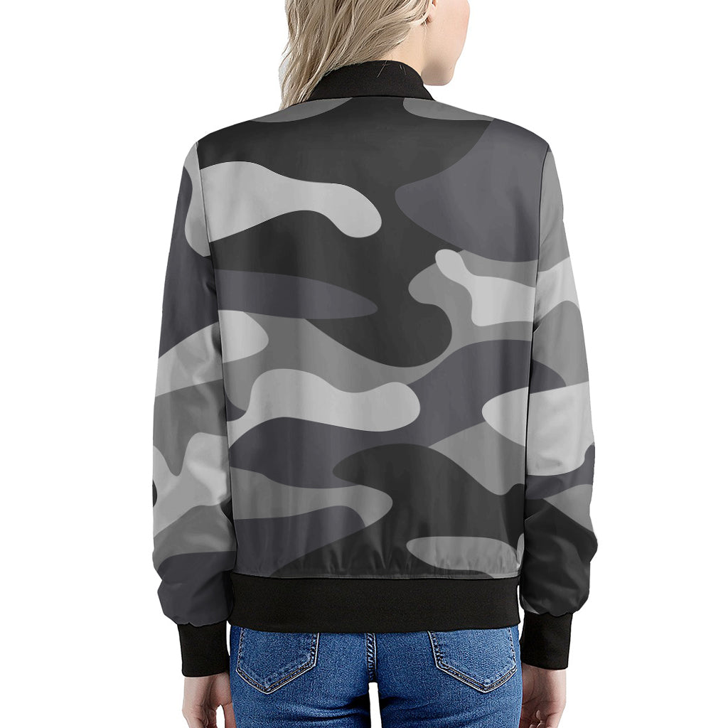 Grey And White Camouflage Print Women's Bomber Jacket