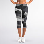 Grey And White Camouflage Print Women's Capri Leggings