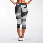 Grey And White Camouflage Print Women's Capri Leggings