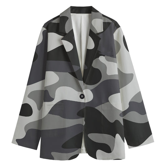 Grey And White Camouflage Print Women's Cotton Blazer