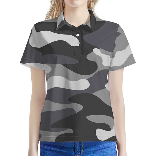 Grey And White Camouflage Print Women's Polo Shirt