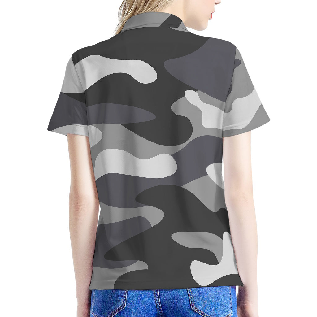 Grey And White Camouflage Print Women's Polo Shirt