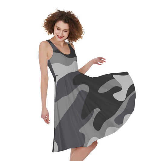 Grey And White Camouflage Print Women's Sleeveless Dress