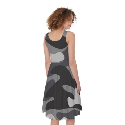 Grey And White Camouflage Print Women's Sleeveless Dress