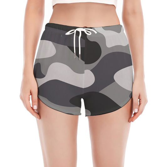 Grey And White Camouflage Print Women's Split Running Shorts