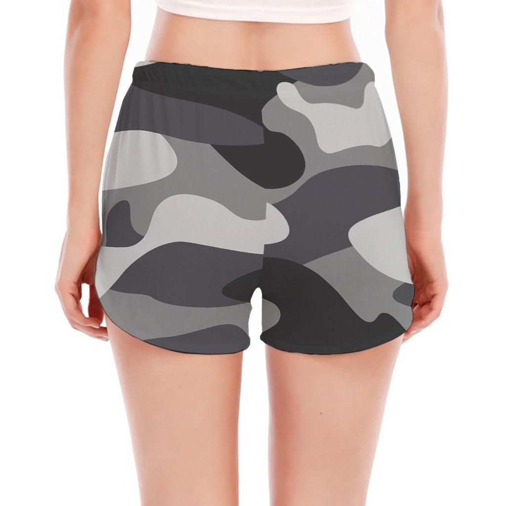 Grey And White Camouflage Print Women's Split Running Shorts