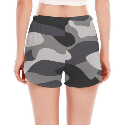 Grey And White Camouflage Print Women's Split Running Shorts