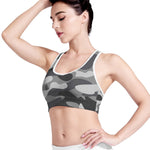 Grey And White Camouflage Print Women's Sports Bra