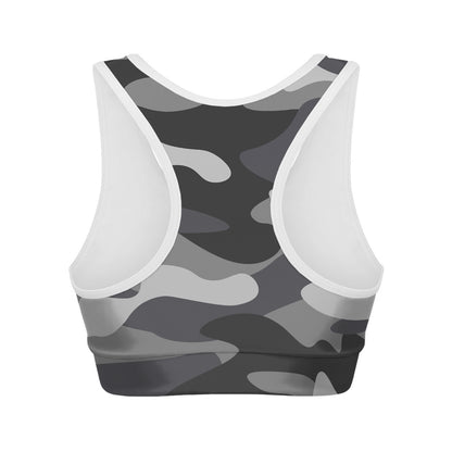 Grey And White Camouflage Print Women's Sports Bra