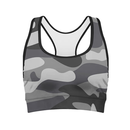Grey And White Camouflage Print Women's Sports Bra