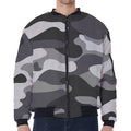 Grey And White Camouflage Print Zip Sleeve Bomber Jacket