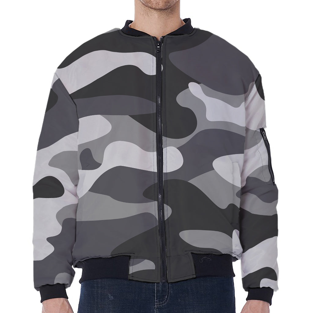 Grey And White Camouflage Print Zip Sleeve Bomber Jacket