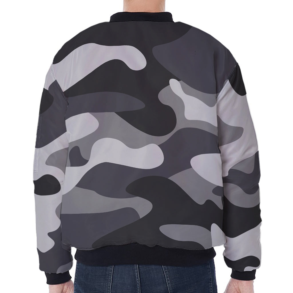 Grey And White Camouflage Print Zip Sleeve Bomber Jacket