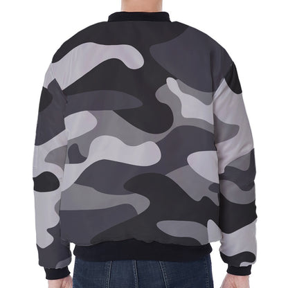 Grey And White Camouflage Print Zip Sleeve Bomber Jacket