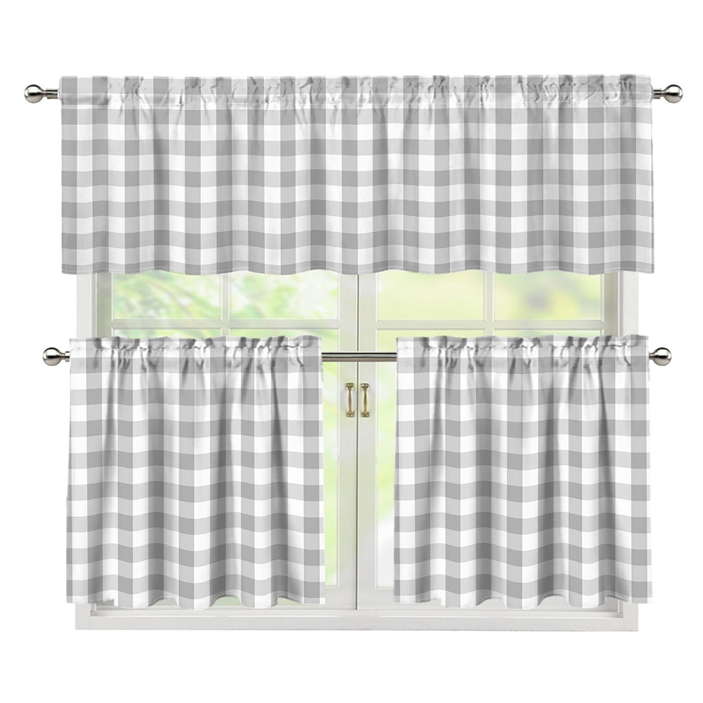 Grey And White Check Pattern Print 3 Piece Kitchen Curtains