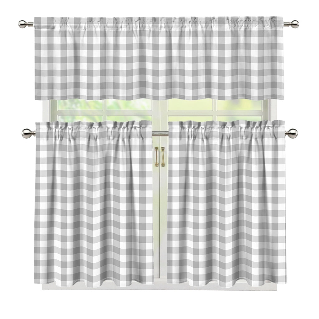 Grey And White Check Pattern Print 3 Piece Kitchen Curtains