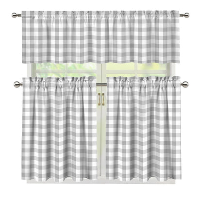 Grey And White Check Pattern Print 3 Piece Kitchen Curtains