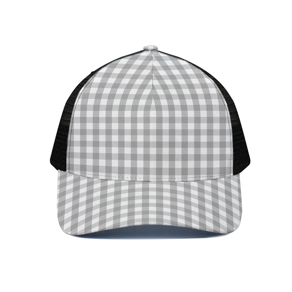 Grey And White Check Pattern Print Black Mesh Trucker Cap