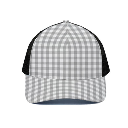 Grey And White Check Pattern Print Black Mesh Trucker Cap