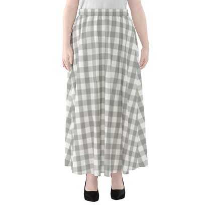 Grey And White Check Pattern Print Chiffon Maxi Skirt