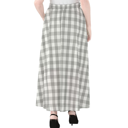 Grey And White Check Pattern Print Chiffon Maxi Skirt