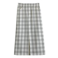 Grey And White Check Pattern Print Cotton Front Slit Maxi Skirt