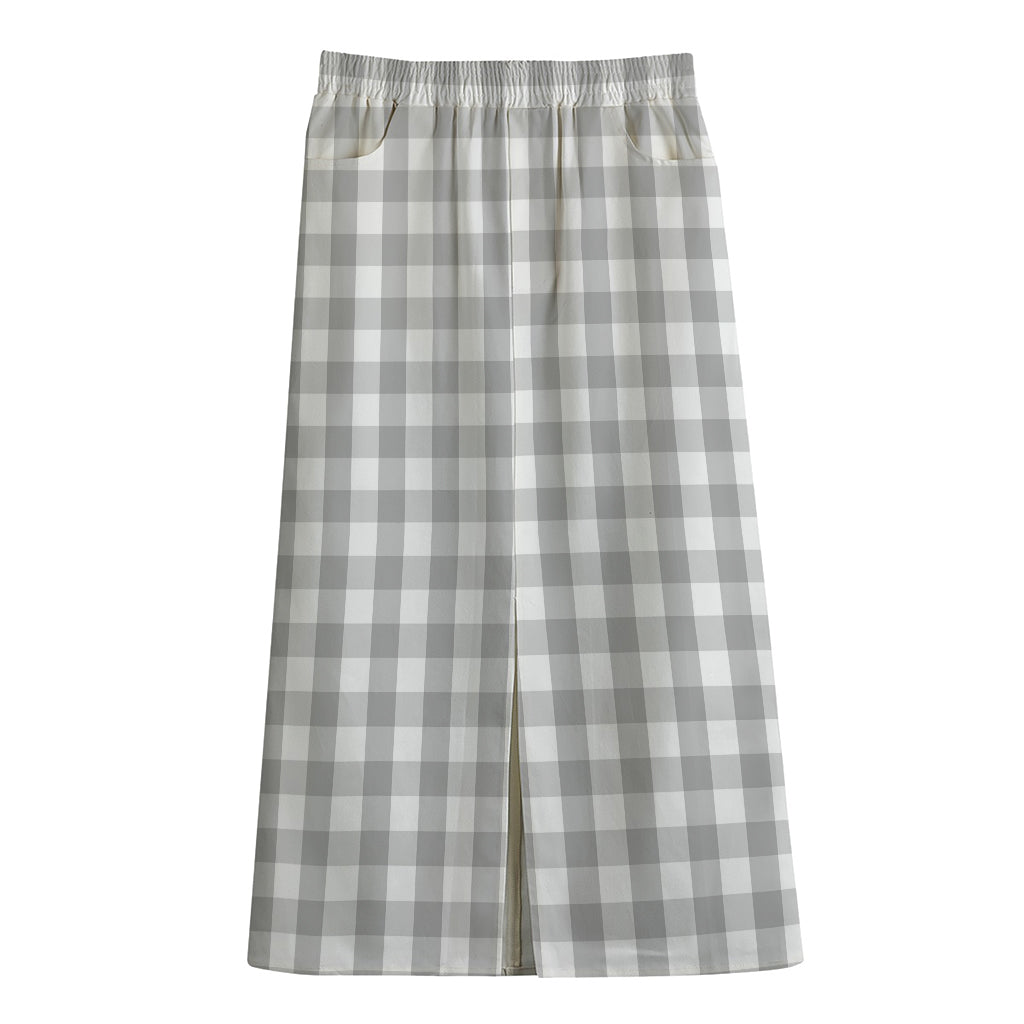 Grey And White Check Pattern Print Cotton Front Slit Maxi Skirt
