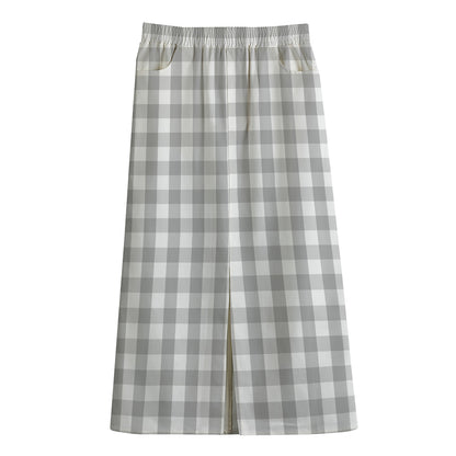 Grey And White Check Pattern Print Cotton Front Slit Maxi Skirt