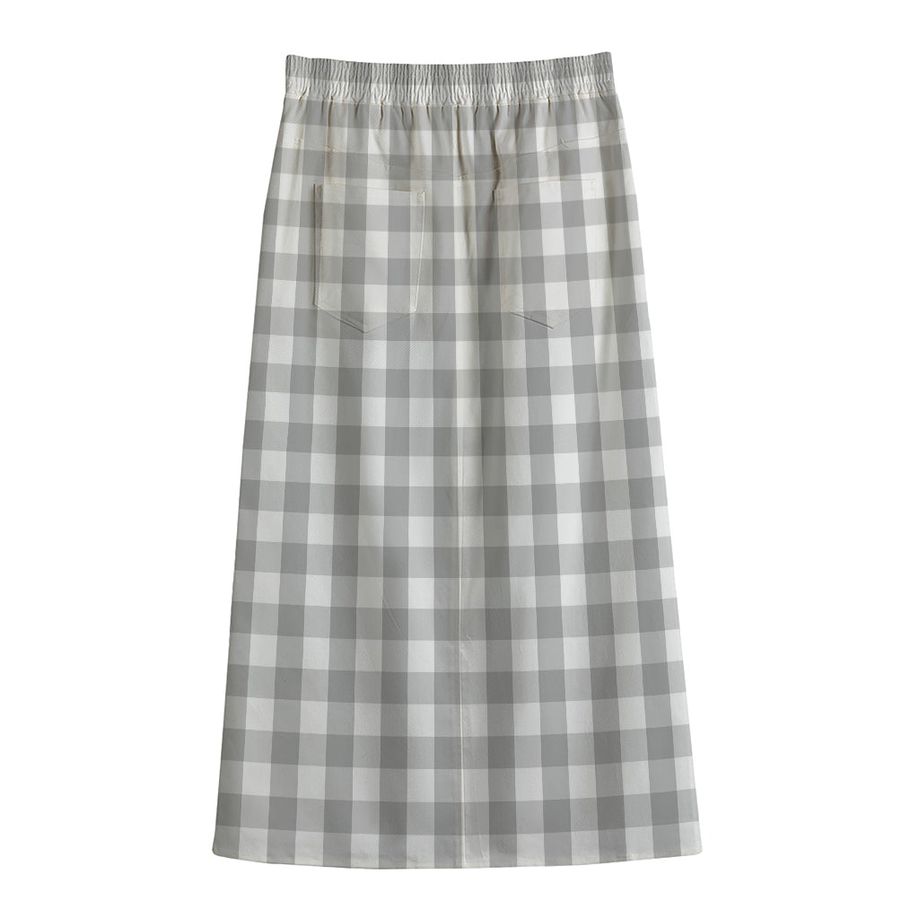 Grey And White Check Pattern Print Cotton Front Slit Maxi Skirt