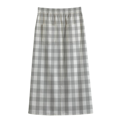 Grey And White Check Pattern Print Cotton Front Slit Maxi Skirt