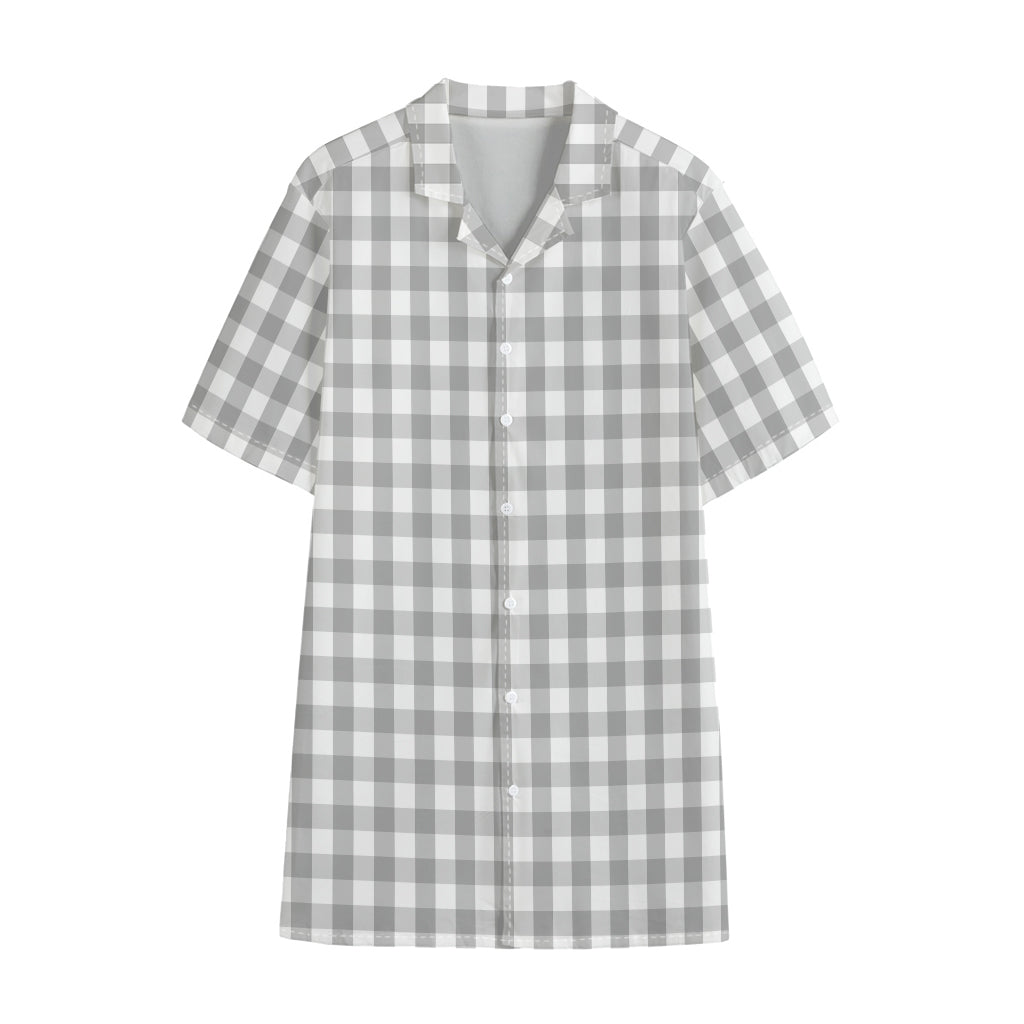 Grey And White Check Pattern Print Cotton Hawaiian Shirt