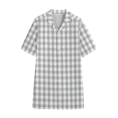 Grey And White Check Pattern Print Cotton Hawaiian Shirt