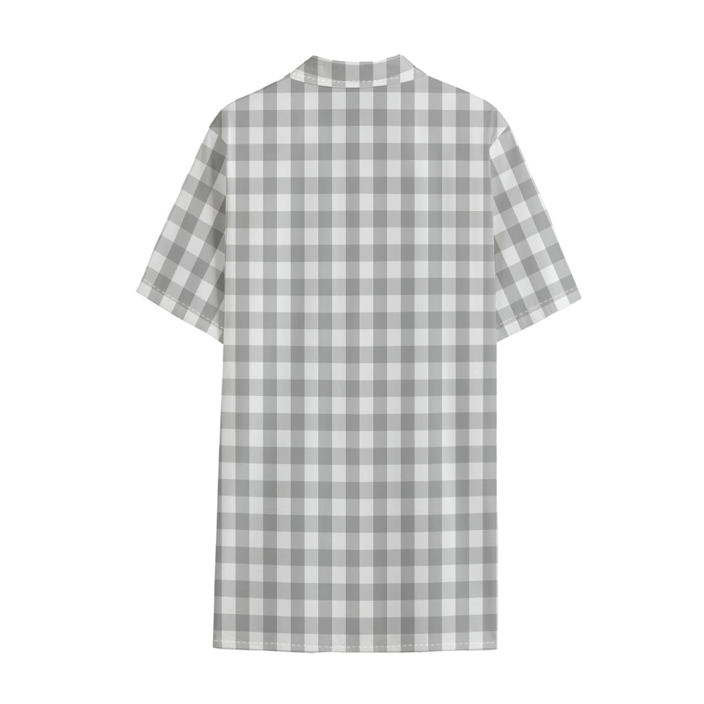 Grey And White Check Pattern Print Cotton Hawaiian Shirt
