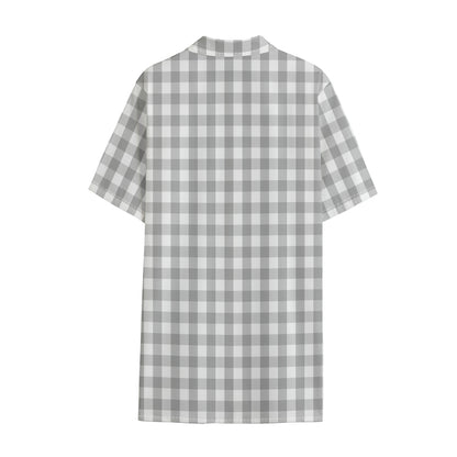 Grey And White Check Pattern Print Cotton Hawaiian Shirt
